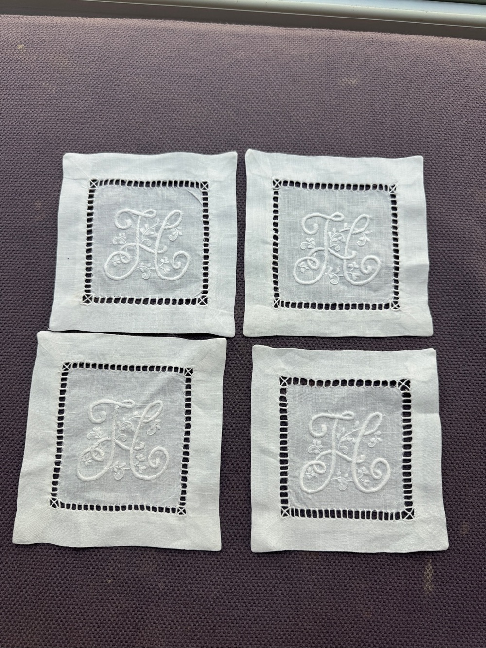 White Embroidered Monogram Linen Cocktail Napkins - Set of 4